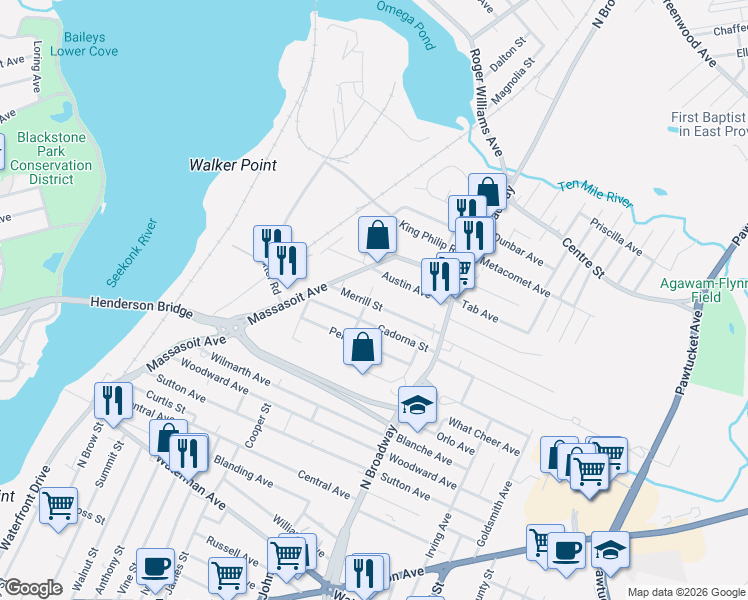 map of restaurants, bars, coffee shops, grocery stores, and more near 56 Cadorna Street in East Providence