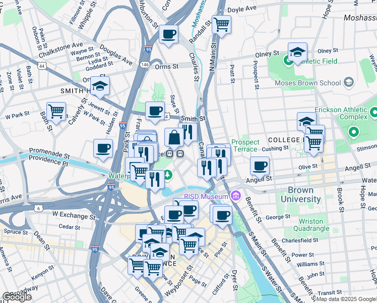 map of restaurants, bars, coffee shops, grocery stores, and more near 25 Park Row West in Providence