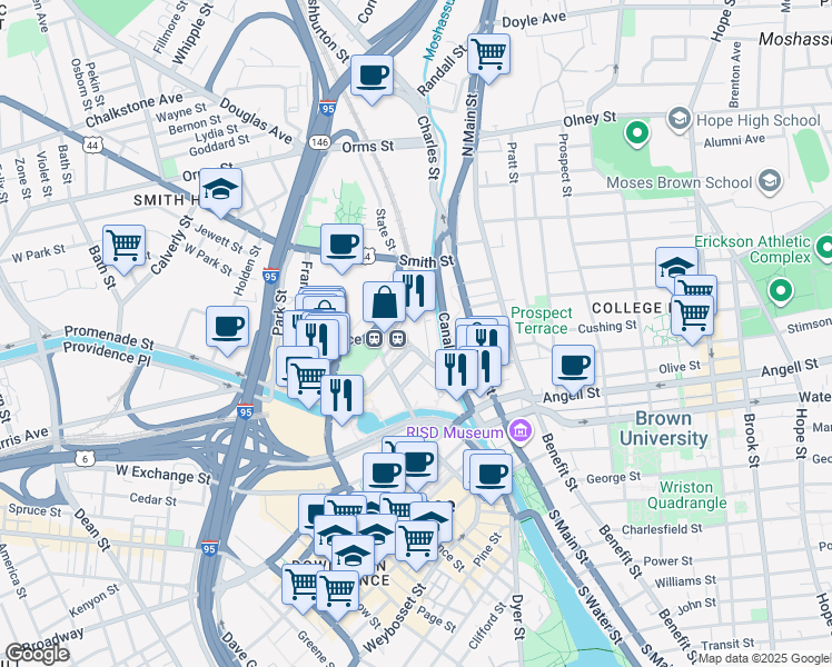 map of restaurants, bars, coffee shops, grocery stores, and more near 25 Park Row West in Providence