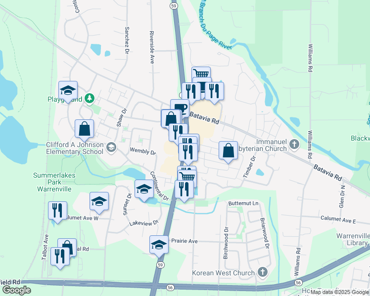 map of restaurants, bars, coffee shops, grocery stores, and more near 599 Illinois Route 59 in Warrenville