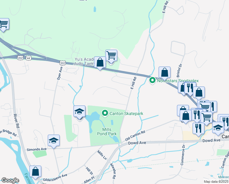map of restaurants, bars, coffee shops, grocery stores, and more near 10 Colony Road in Canton