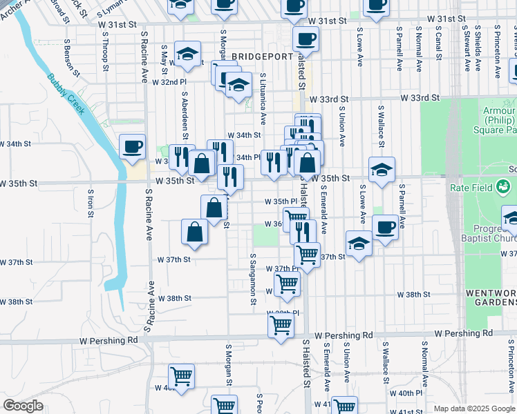 map of restaurants, bars, coffee shops, grocery stores, and more near 929 West 35th Place in Chicago