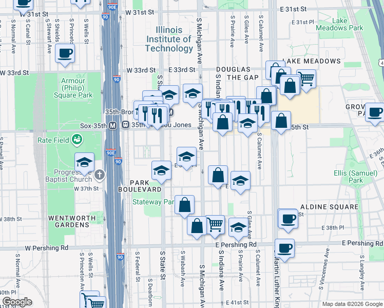 map of restaurants, bars, coffee shops, grocery stores, and more near 65 East 36th Street in Chicago