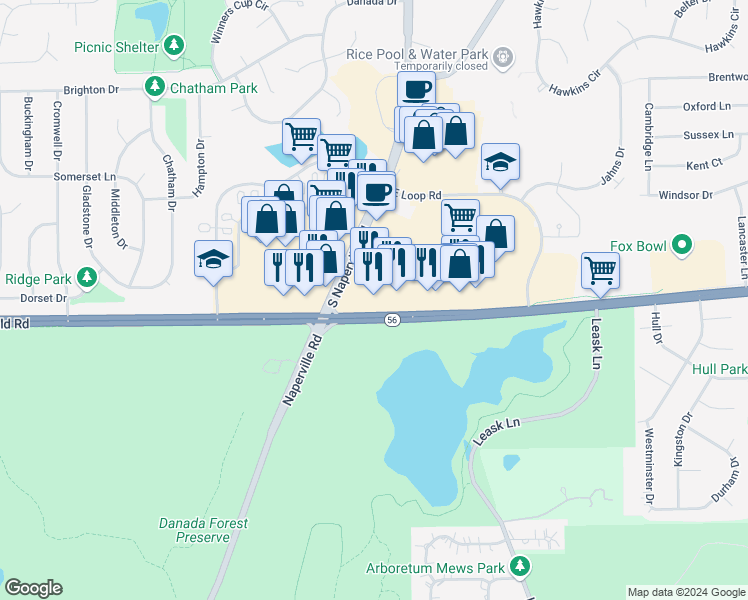 map of restaurants, bars, coffee shops, grocery stores, and more near 141 Danada Square East in Wheaton