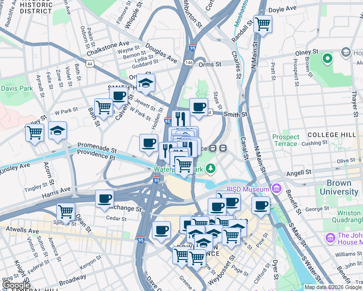 map of restaurants, bars, coffee shops, grocery stores, and more near 9 Hayes Street in Providence