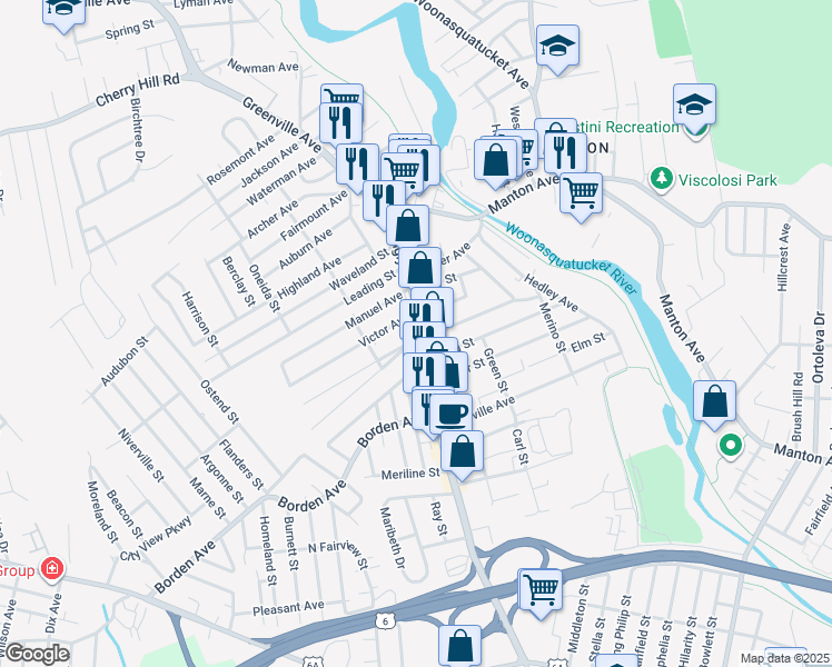 map of restaurants, bars, coffee shops, grocery stores, and more near 6 Dante Avenue in Johnston
