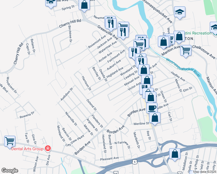 map of restaurants, bars, coffee shops, grocery stores, and more near 2 Oneida Street in Johnston