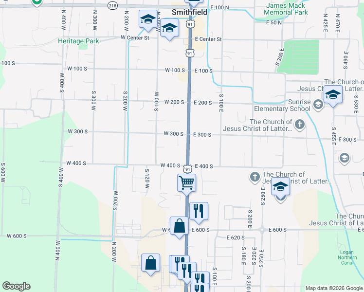 map of restaurants, bars, coffee shops, grocery stores, and more near 31 West 400 South in Smithfield