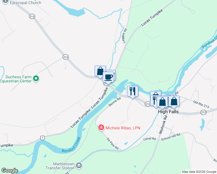map of restaurants, bars, coffee shops, grocery stores, and more near 2303 Lucas Turnpike in High Falls