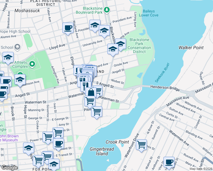 map of restaurants, bars, coffee shops, grocery stores, and more near South Angell Street in Providence