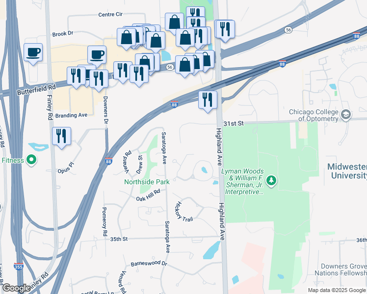 map of restaurants, bars, coffee shops, grocery stores, and more near 3200 Highland Avenue in Downers Grove