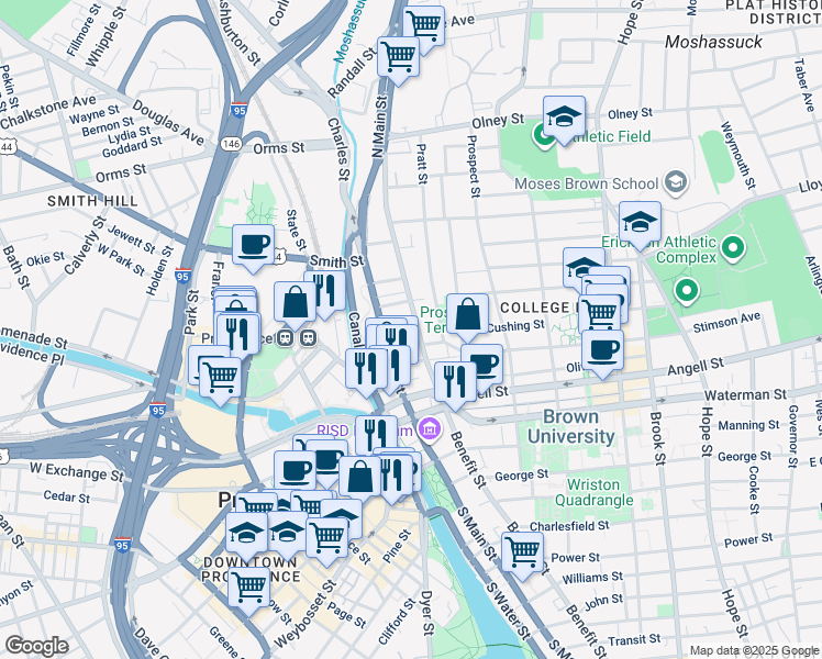 map of restaurants, bars, coffee shops, grocery stores, and more near 151 North Main Street in Providence