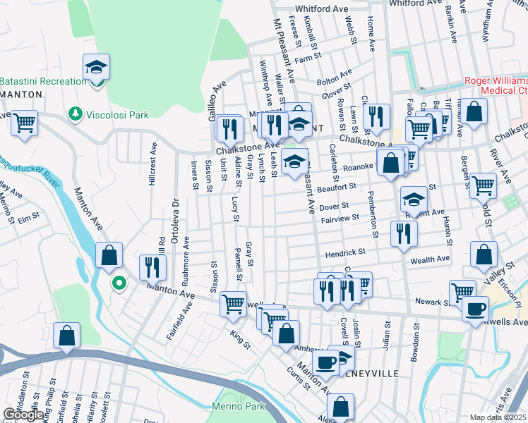 map of restaurants, bars, coffee shops, grocery stores, and more near 167 Fairview Street in Providence