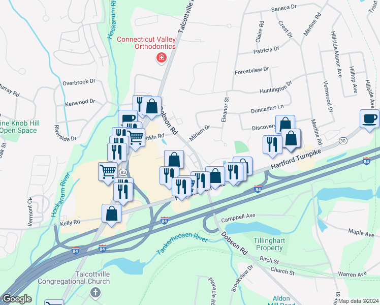 map of restaurants, bars, coffee shops, grocery stores, and more near 7 Dobson Commons Circle in Vernon