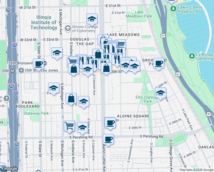 map of restaurants, bars, coffee shops, grocery stores, and more near 3609 South King Drive in Chicago