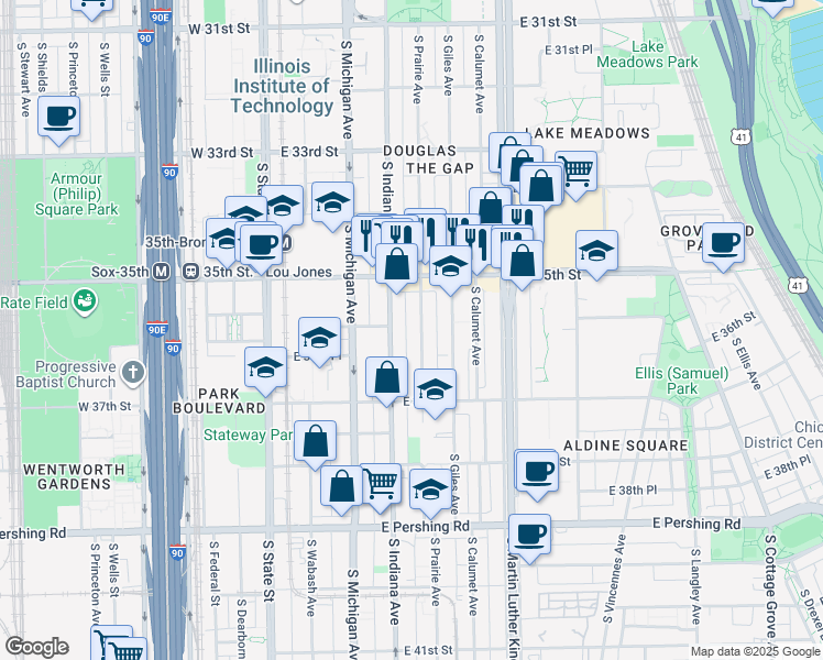 map of restaurants, bars, coffee shops, grocery stores, and more near 3604 South Prairie Avenue in Chicago