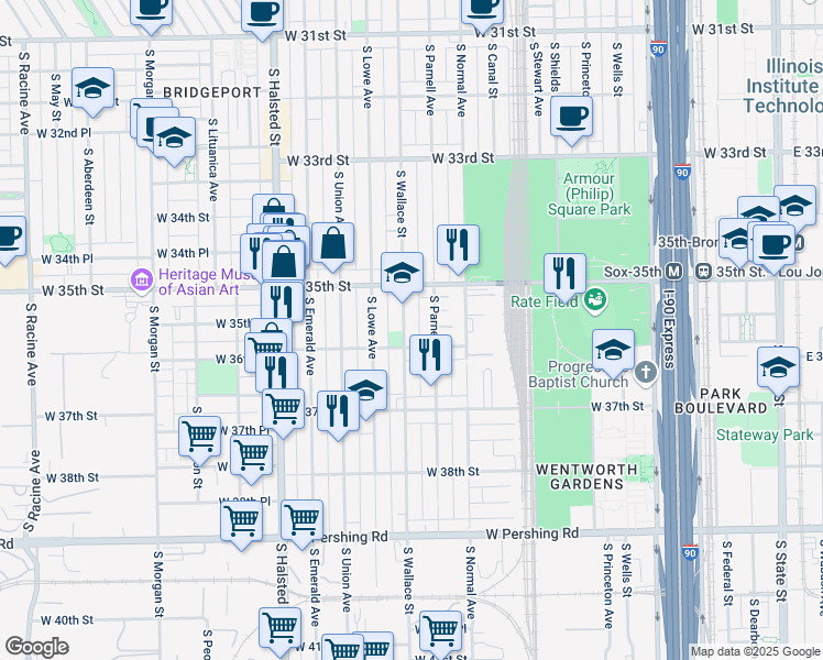 map of restaurants, bars, coffee shops, grocery stores, and more near 549 West 36th Street in Chicago