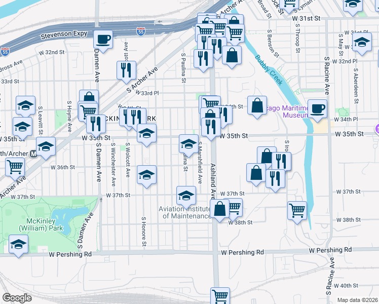 map of restaurants, bars, coffee shops, grocery stores, and more near 3537 South Paulina Street in Chicago