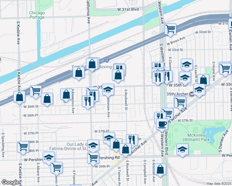 map of restaurants, bars, coffee shops, grocery stores, and more near 2639 West 35th Place in Chicago