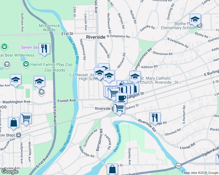 map of restaurants, bars, coffee shops, grocery stores, and more near 42 Woodside Road in Riverside
