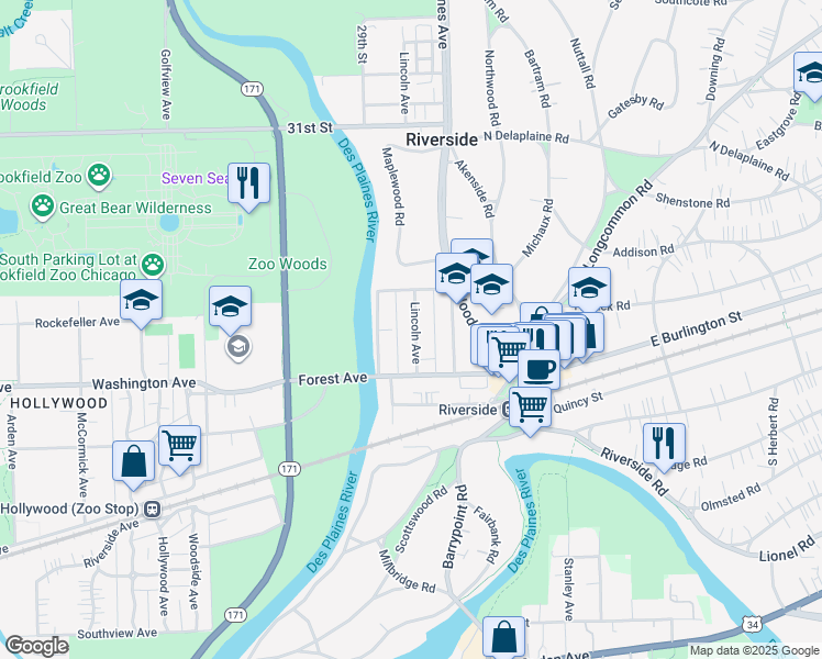 map of restaurants, bars, coffee shops, grocery stores, and more near 69 Lincoln Avenue in Riverside