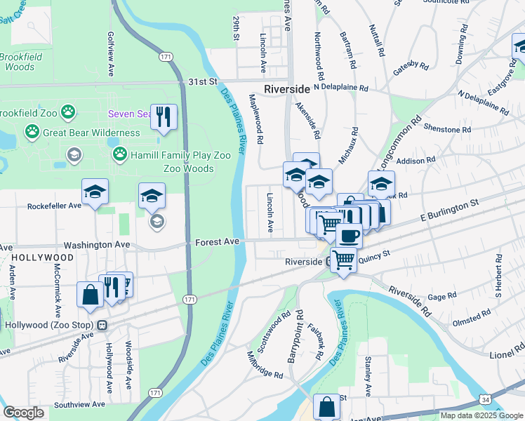 map of restaurants, bars, coffee shops, grocery stores, and more near 79 Groveland Avenue in Riverside