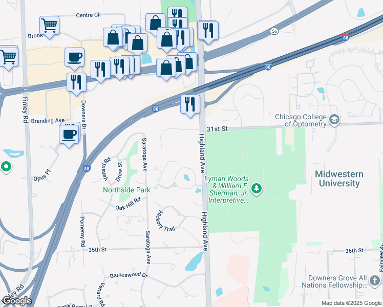 map of restaurants, bars, coffee shops, grocery stores, and more near 3200 Highland Avenue in Downers Grove