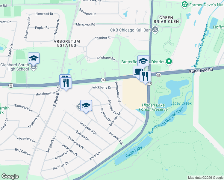 map of restaurants, bars, coffee shops, grocery stores, and more near 22W261 Hackberry Drive in Glen Ellyn