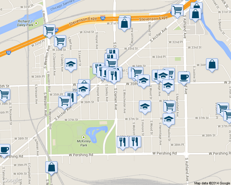map of restaurants, bars, coffee shops, grocery stores, and more near 3528 S Damen Ave in Chicago