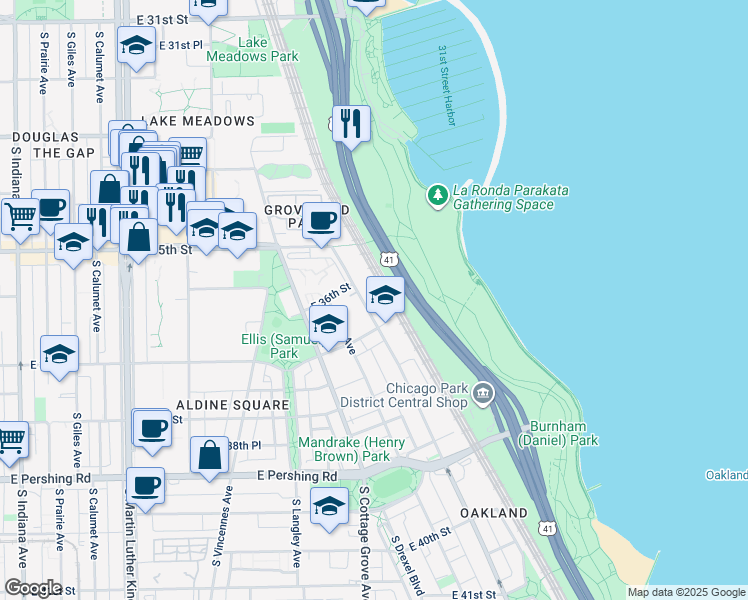 map of restaurants, bars, coffee shops, grocery stores, and more near 3625 South Lake Park Avenue in Chicago