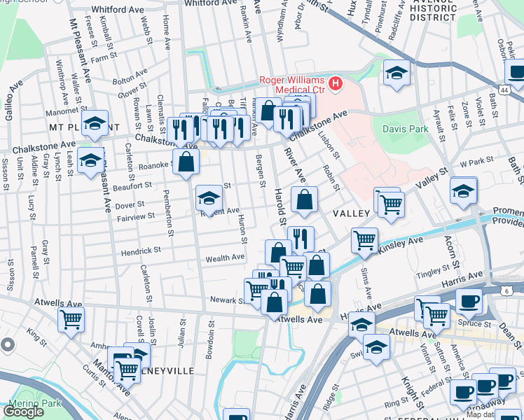 map of restaurants, bars, coffee shops, grocery stores, and more near 158 Regent Avenue in Providence