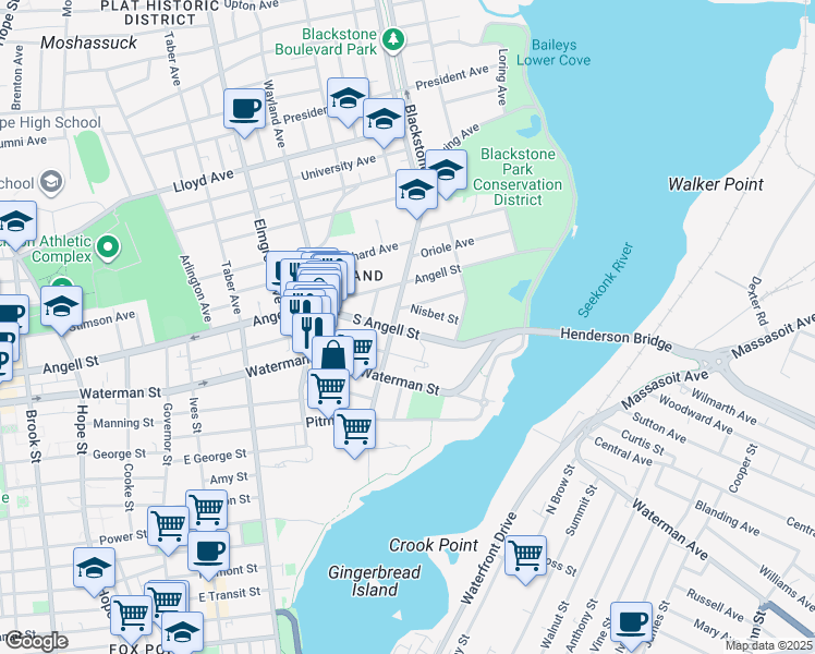 map of restaurants, bars, coffee shops, grocery stores, and more near 90 South Angell Street in Providence