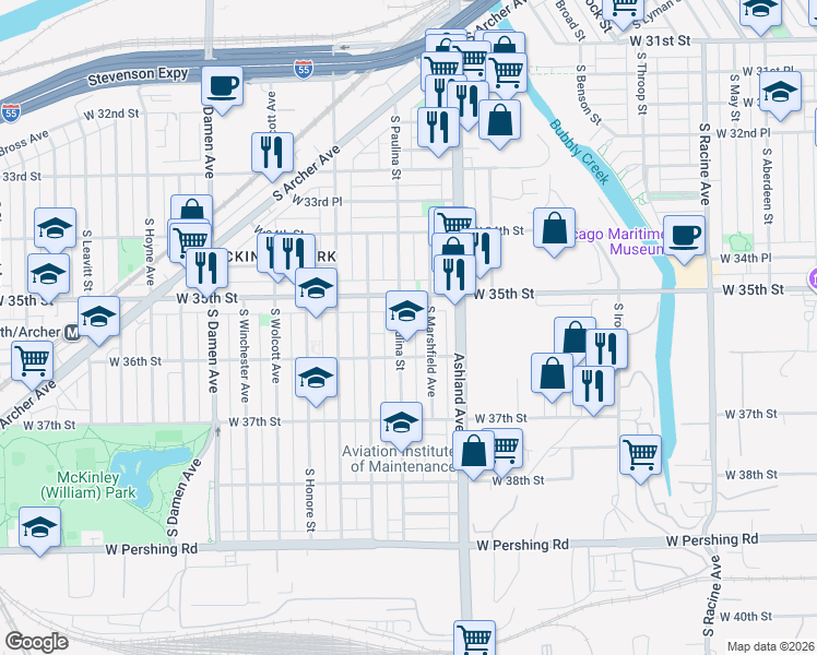 map of restaurants, bars, coffee shops, grocery stores, and more near 3537 South Paulina Street in Chicago