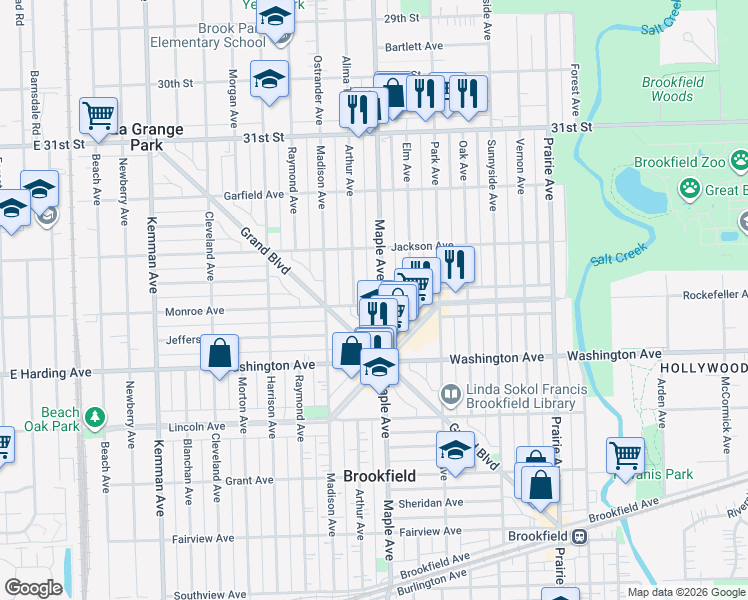 map of restaurants, bars, coffee shops, grocery stores, and more near 3400 Maple Avenue in Brookfield