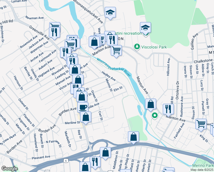 map of restaurants, bars, coffee shops, grocery stores, and more near 35 Merino Street in Johnston