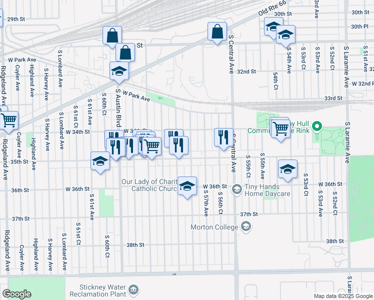map of restaurants, bars, coffee shops, grocery stores, and more near 5758 35th Street in Cicero