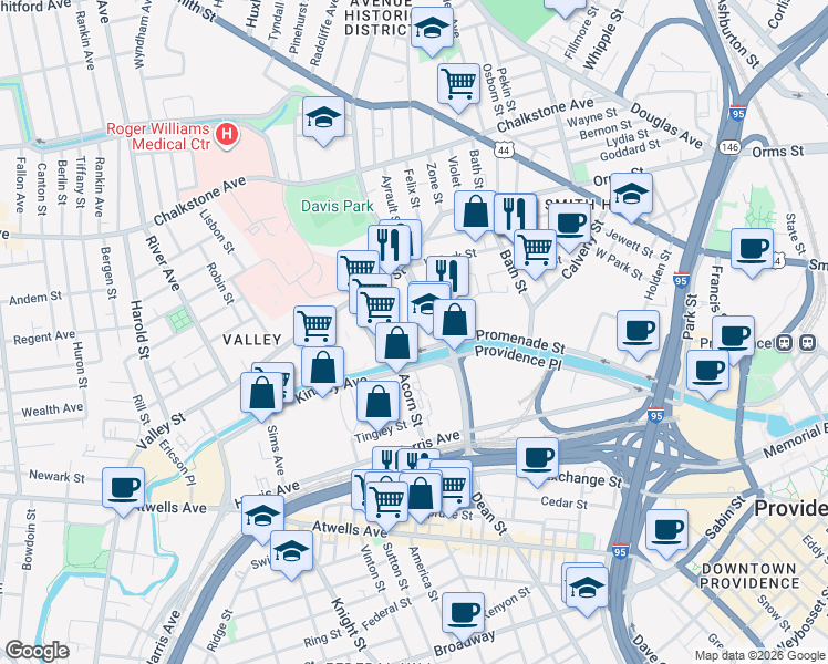 map of restaurants, bars, coffee shops, grocery stores, and more near 15 Rathbone Street in Providence