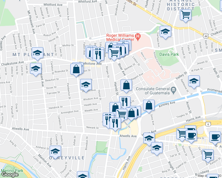map of restaurants, bars, coffee shops, grocery stores, and more near 152 Regent Avenue in Providence