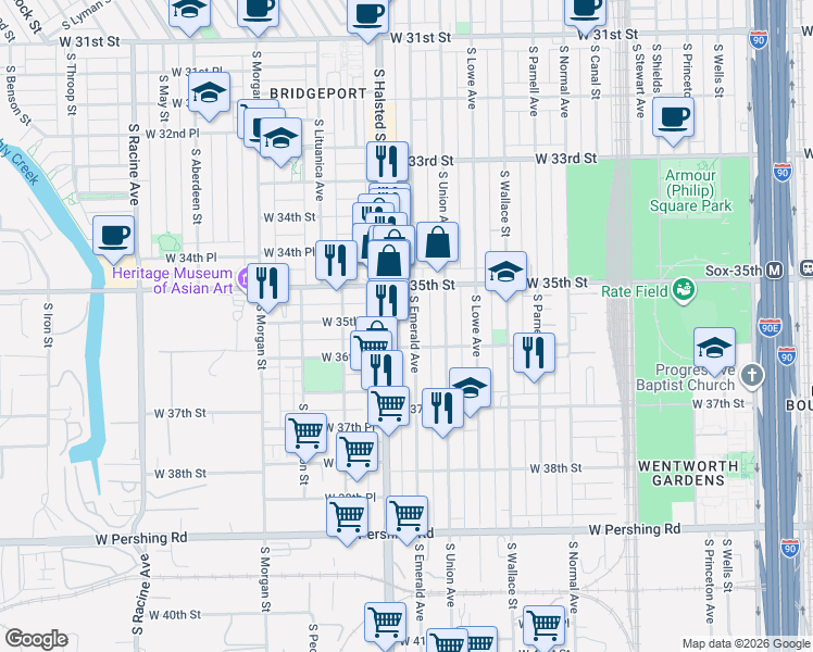map of restaurants, bars, coffee shops, grocery stores, and more near 3558 South Emerald Avenue in Chicago