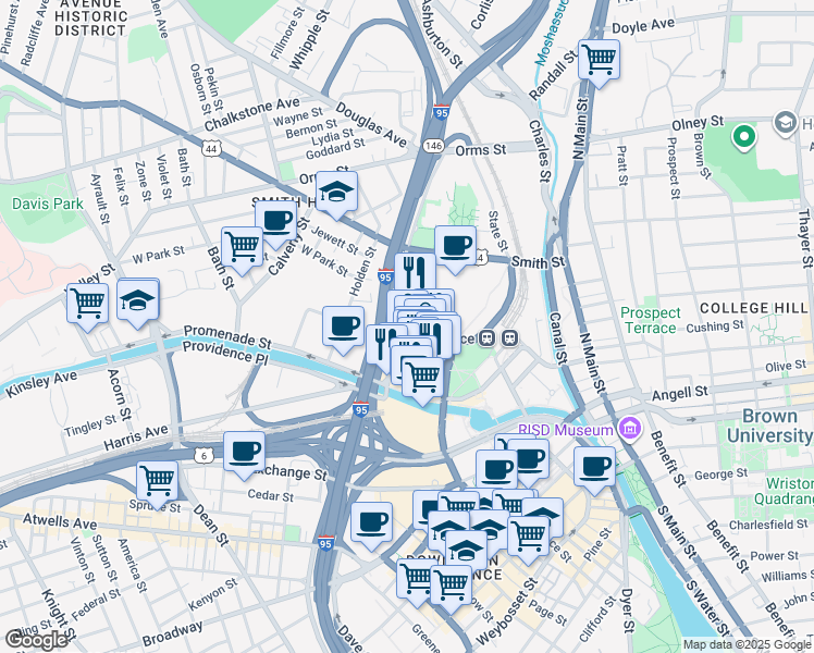 map of restaurants, bars, coffee shops, grocery stores, and more near 15 Hayes Street in Providence