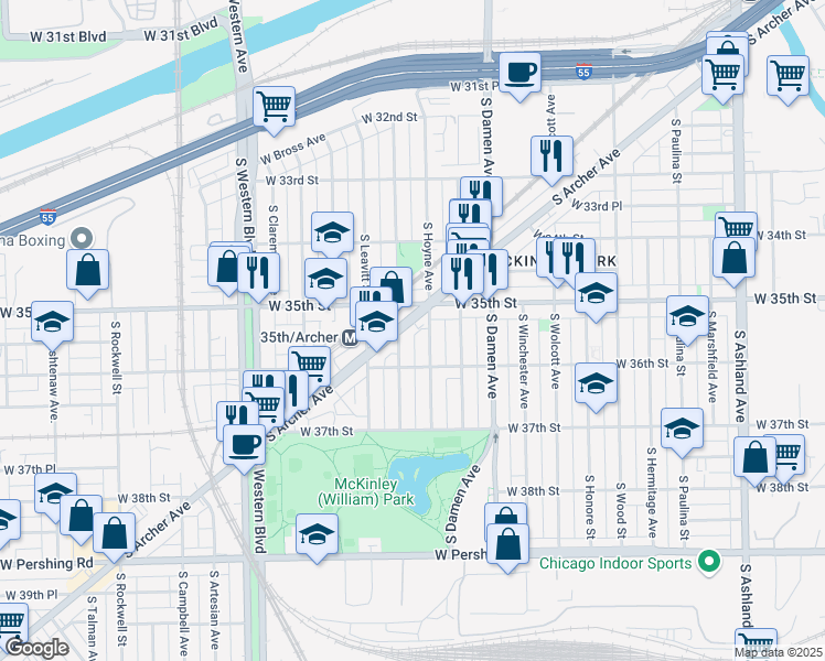 map of restaurants, bars, coffee shops, grocery stores, and more near 3544 South Hoyne Avenue in Chicago