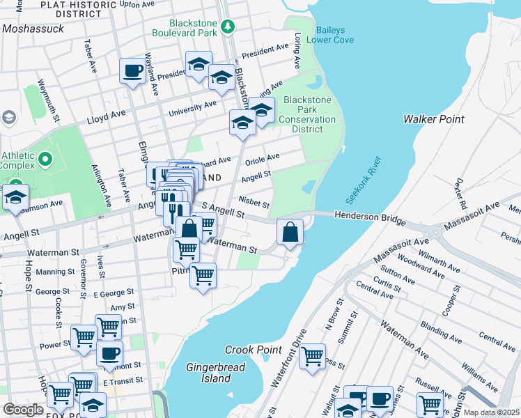 map of restaurants, bars, coffee shops, grocery stores, and more near 111 South Angell Street in Providence