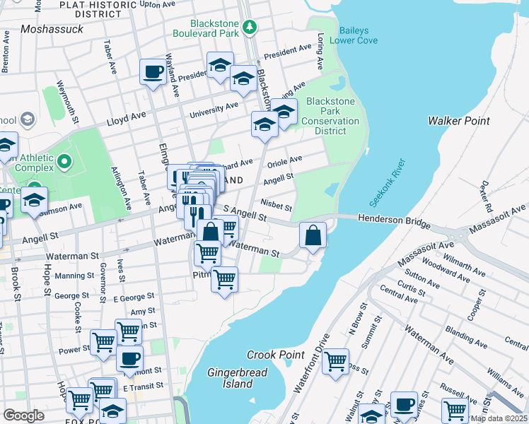 map of restaurants, bars, coffee shops, grocery stores, and more near 111 South Angell Street in Providence