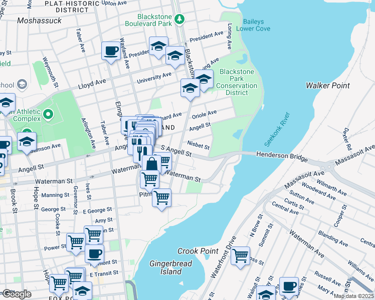 map of restaurants, bars, coffee shops, grocery stores, and more near 163 Butler Avenue in Providence