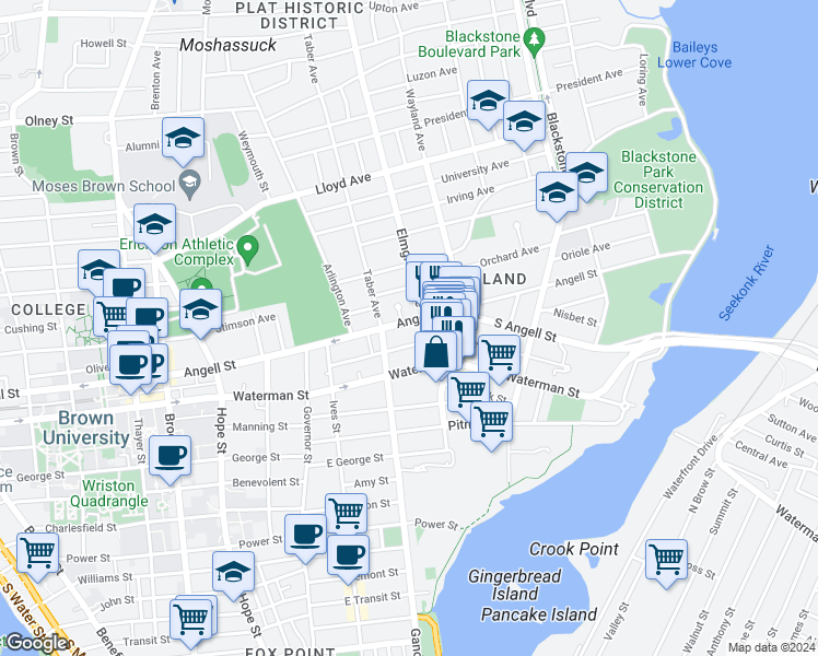 map of restaurants, bars, coffee shops, grocery stores, and more near 218 Waterman Street in Providence