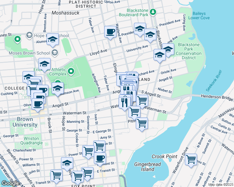 map of restaurants, bars, coffee shops, grocery stores, and more near 218 Waterman Street in Providence