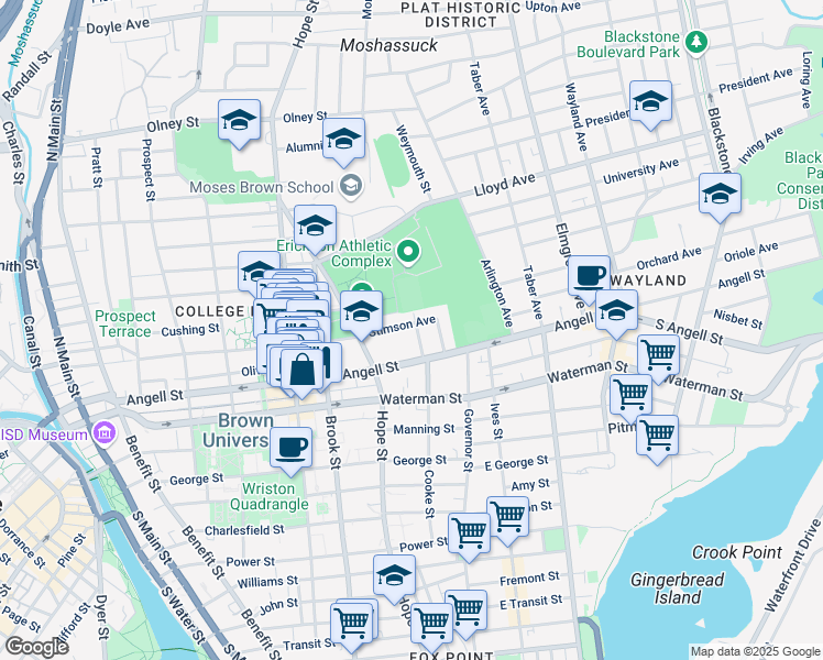 map of restaurants, bars, coffee shops, grocery stores, and more near 302 Angell Street in Providence