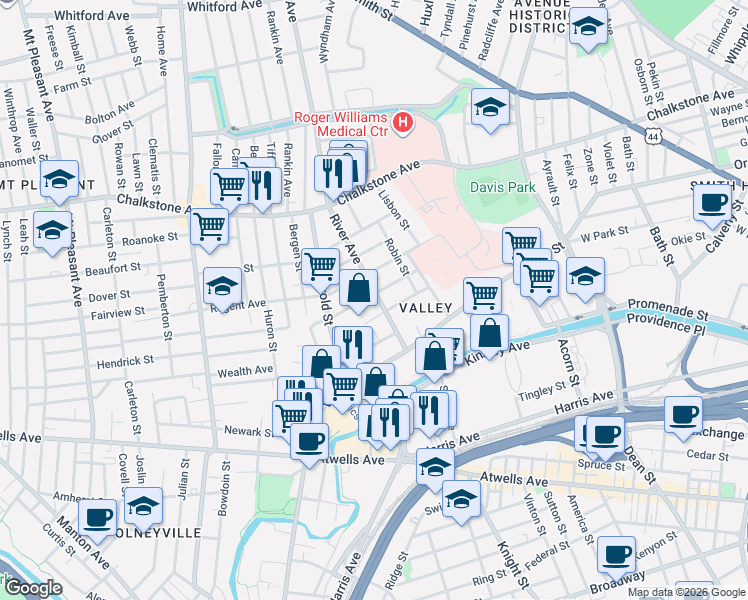 map of restaurants, bars, coffee shops, grocery stores, and more near 50 River Avenue in Providence