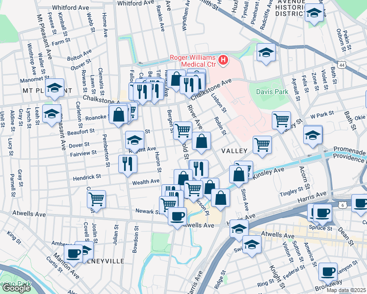 map of restaurants, bars, coffee shops, grocery stores, and more near 88 Allston Street in Providence