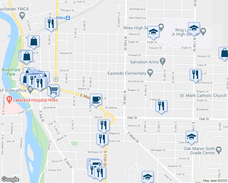 map of restaurants, bars, coffee shops, grocery stores, and more near 1201 Cedar Street in Niles